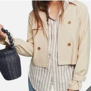 Anthropologie Cartonnier | Cropped Open Front Double Breasted Khaki Trench Sz S